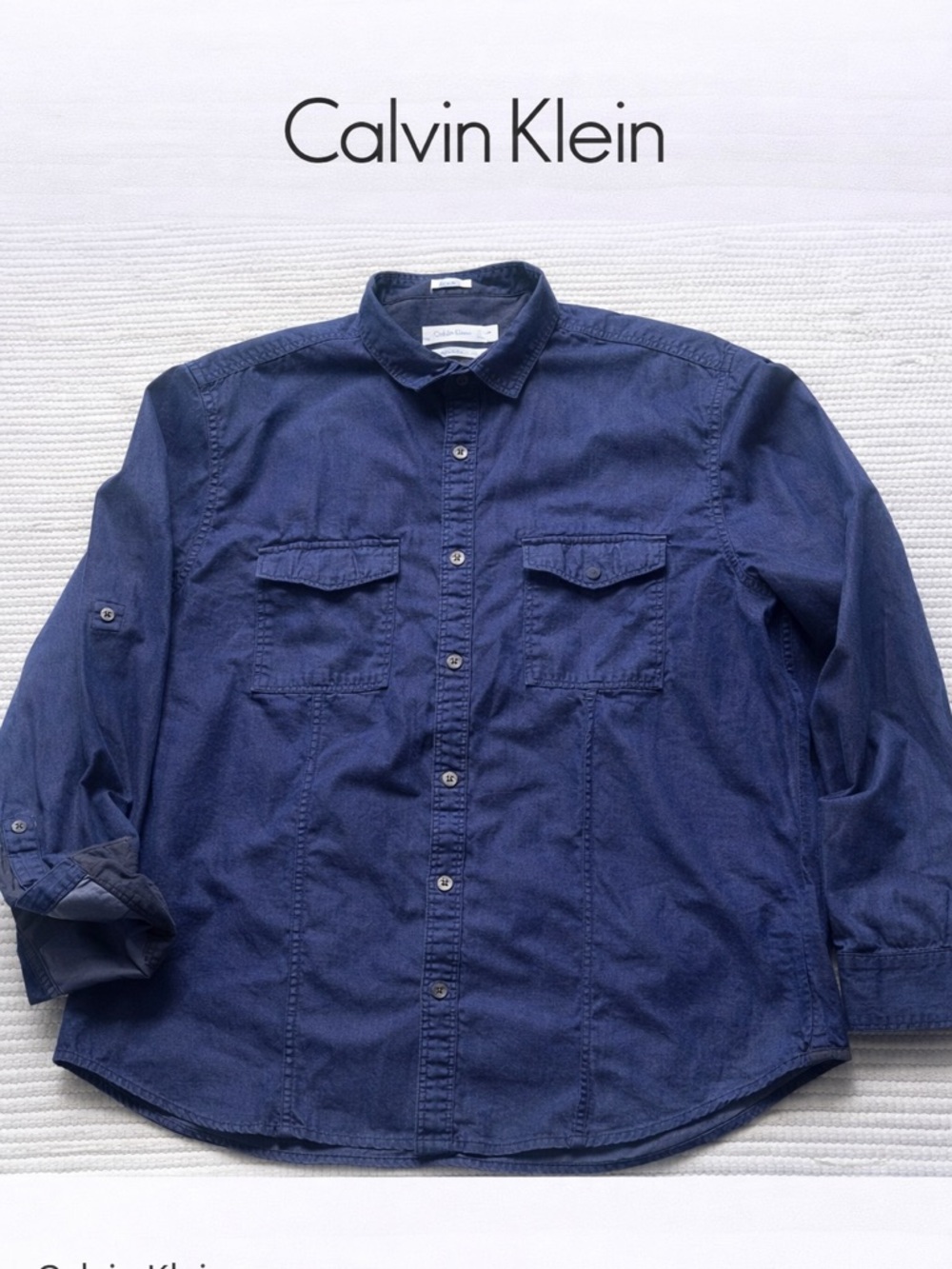 Calvin Klein Cotton Henley Button Down Dark Blue Large Classic Fit